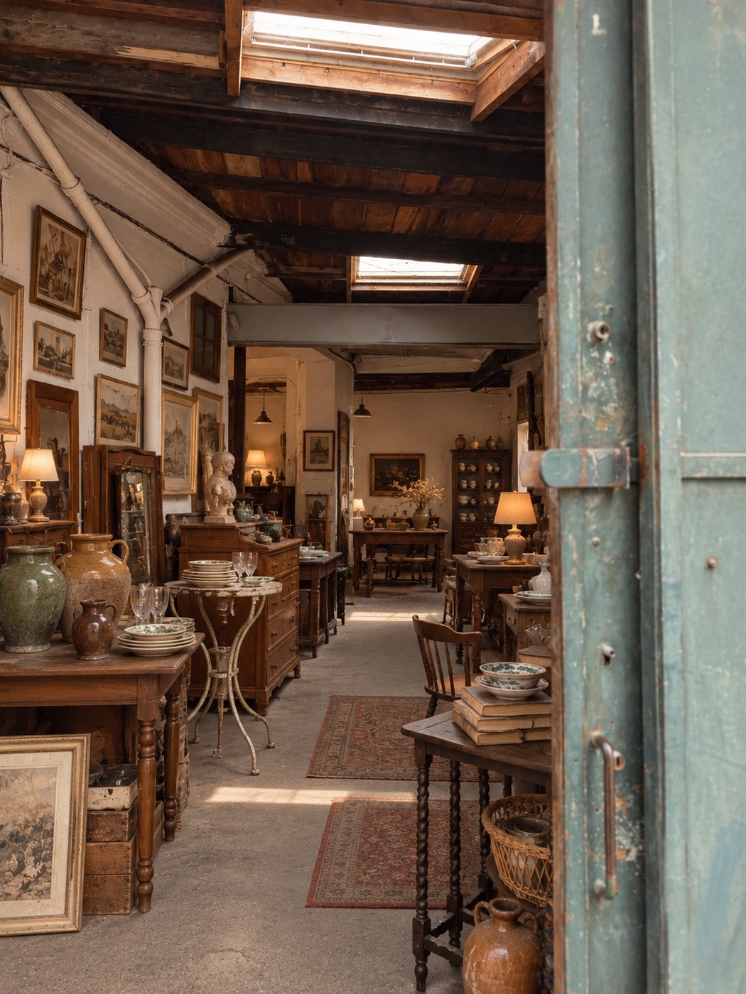 A rustic antiques barn with oak furniture, creamware, brass lamps and old paintings, seen through a weathered green door.