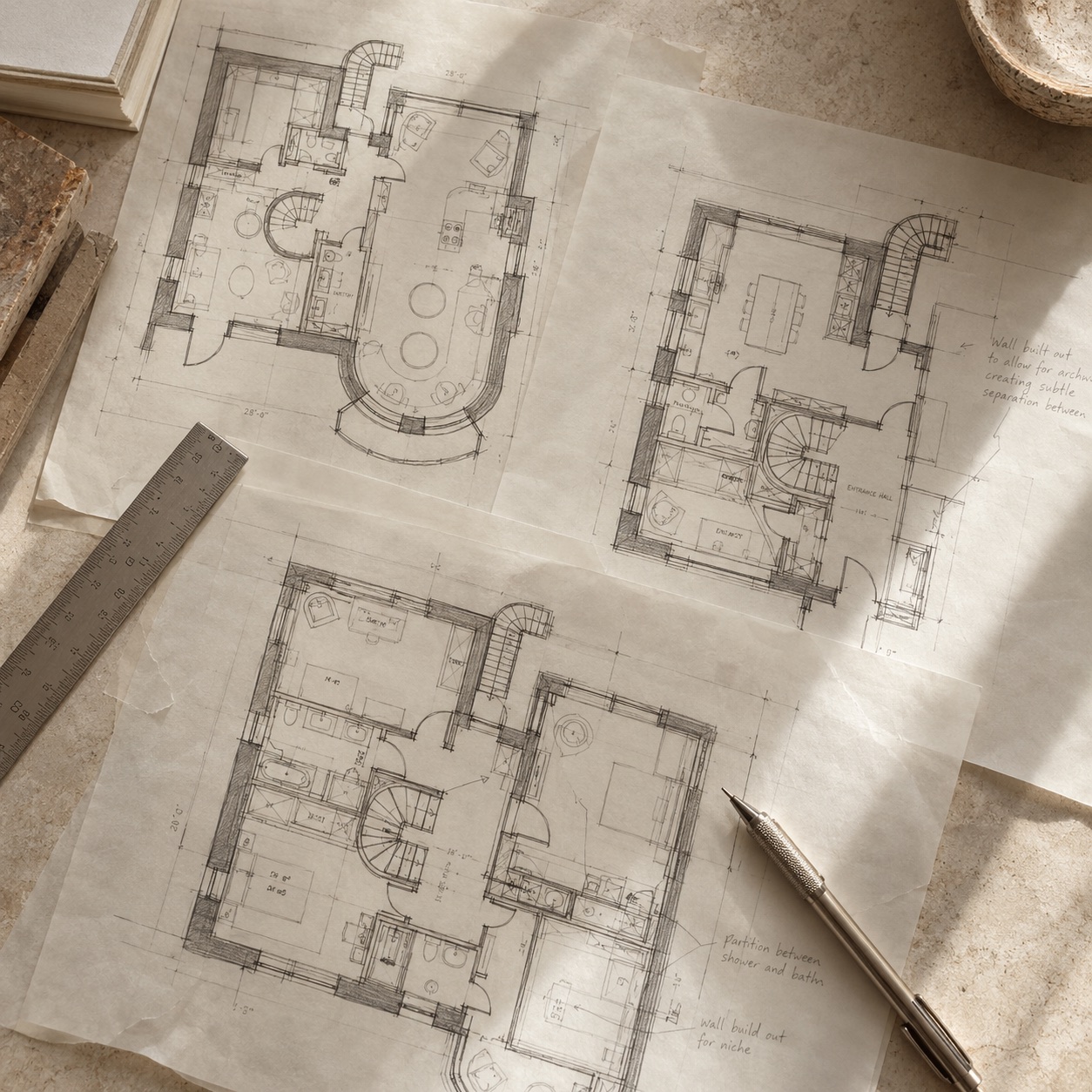 Hand-drawn floor plans on tracing paper, with a steel ruler, a pencil and stone samples on a limestone worktop.